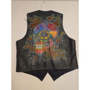 Vtg Leather Motorcycle Vest 40 Small Black Skull Bones Skeleton Painted Biker